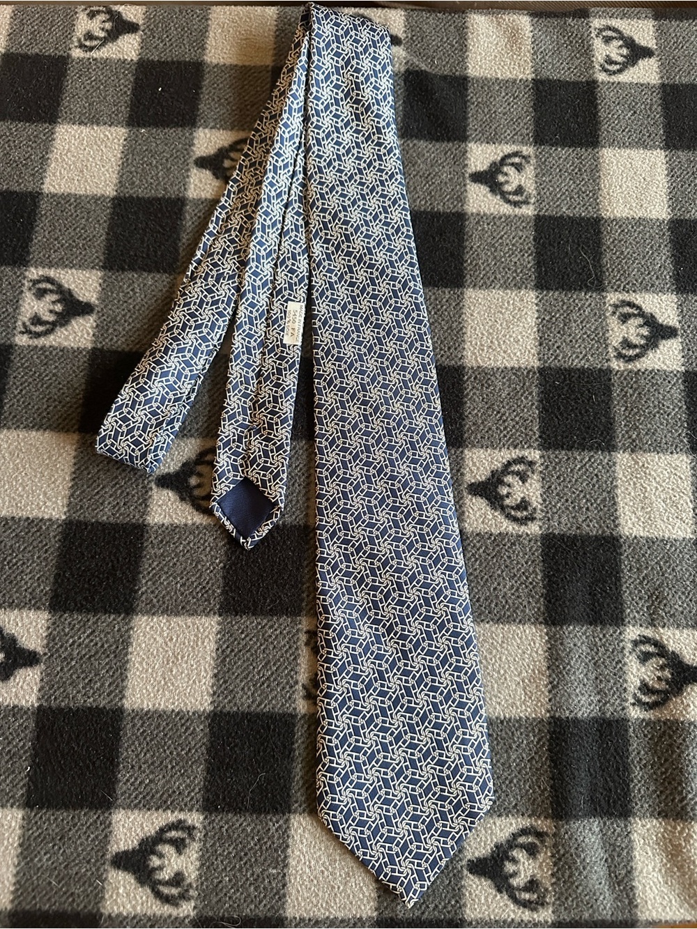 Hermes Blue & White Geometric Silk Tie